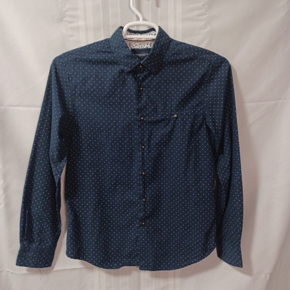 Denim & Flower Button Down Mens Small Blue Polka Dot Ricky Singh Long Sleeve
